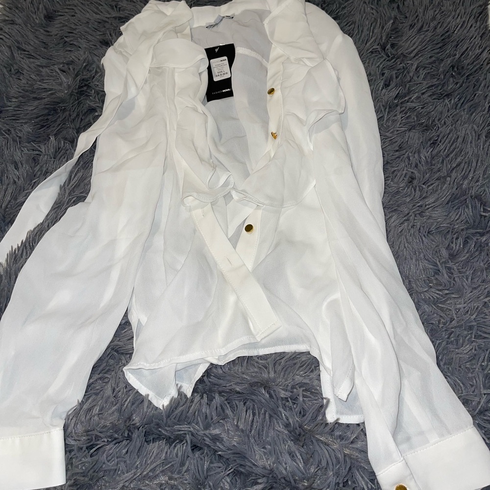 White Ruffle Blouse with tie collar
